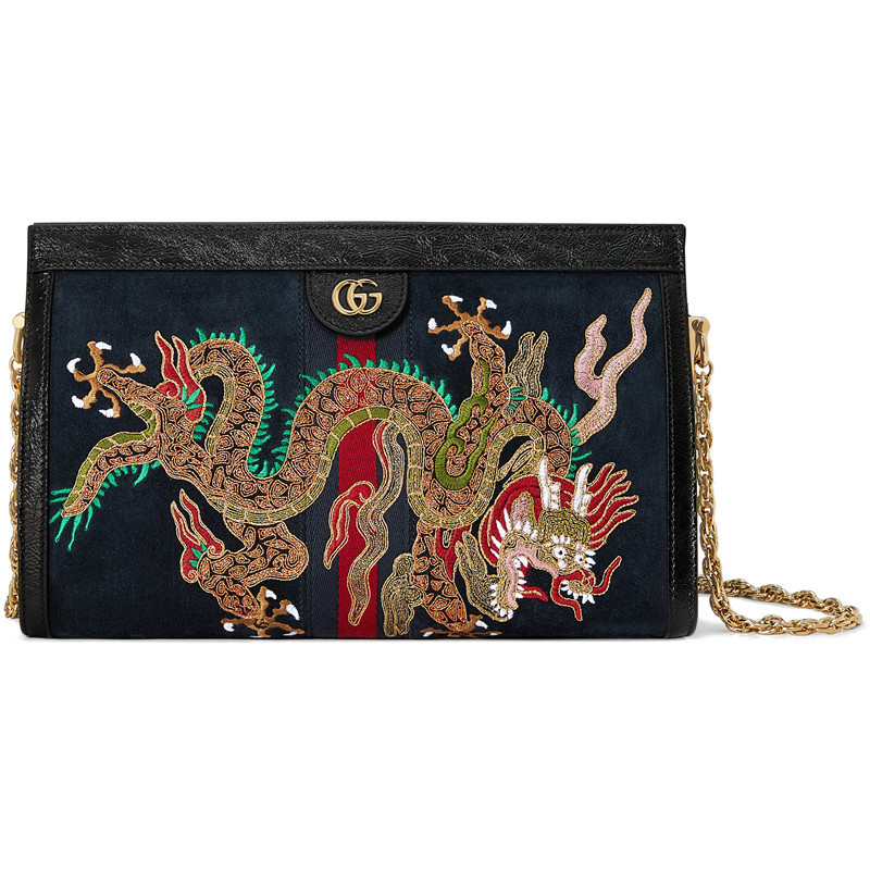 【包税】gucci/古驰【18春夏】ophidia新款女士中号深蓝麂皮刺绣龙单