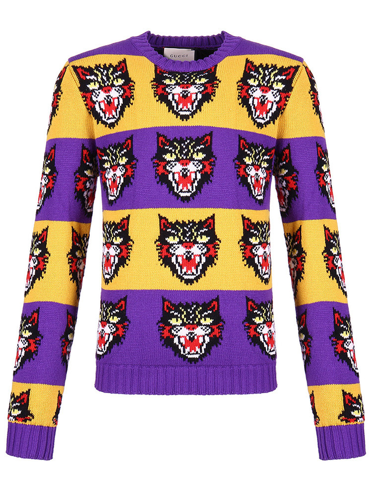 gucci/古驰男士紫黄拼色虎头针织衫 毛衣474714 xh