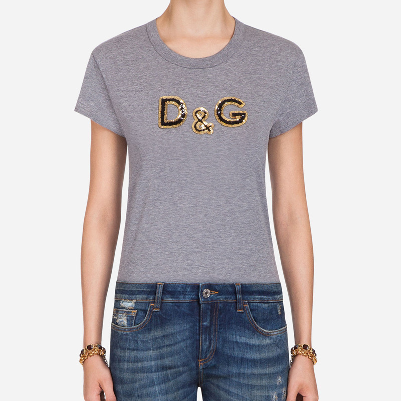 &gabbana/杜嘉班纳【18春夏】新款女士灰色纯棉圆领鳞片dg字母短袖t恤