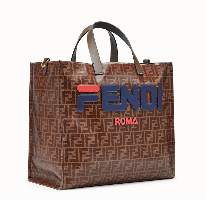 fendi/芬迪 18秋冬新款女士黑棕拼色皮革蓝色字母手提购物袋