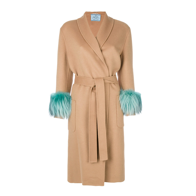 可用券】【包税】prada/普拉达 新款绿色狐狸毛袖羊绒卡其色女士大衣