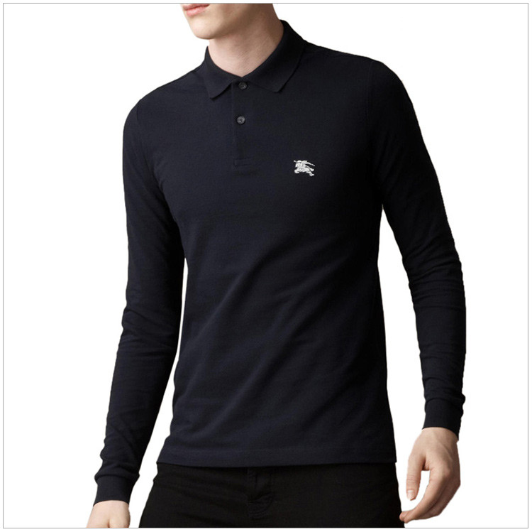 burberry/博柏利 男士深蓝色白标棉质格纹开襟长袖polo衫t恤