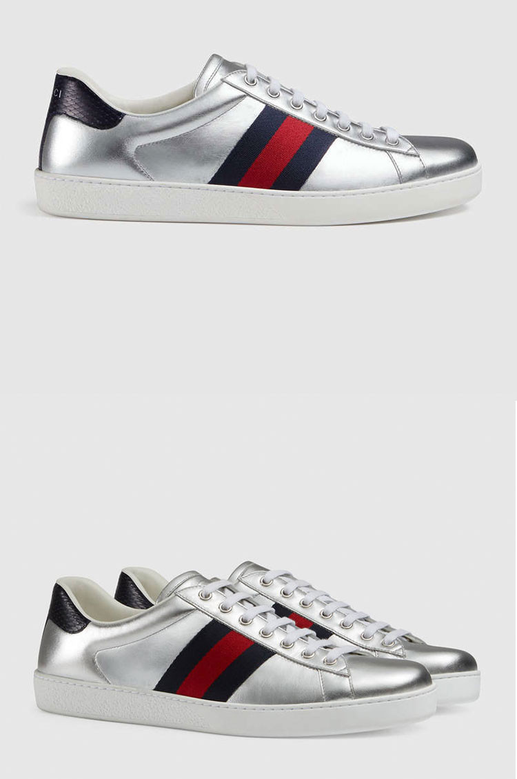 gucci/古驰 男士蓝红条纹银色小白鞋 板鞋 386750 b8vm0 8163