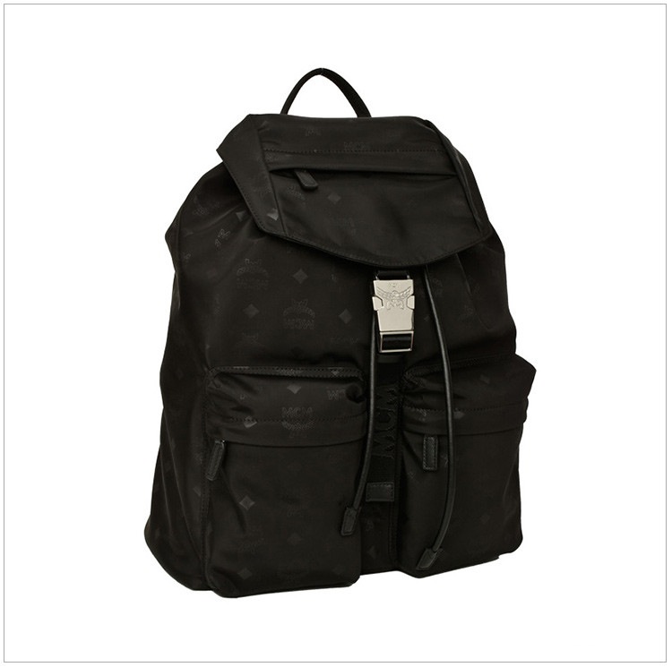 【包邮包税】mcm 男女同款 中性黑色尼龙抽绳中号旅行包双肩包背包