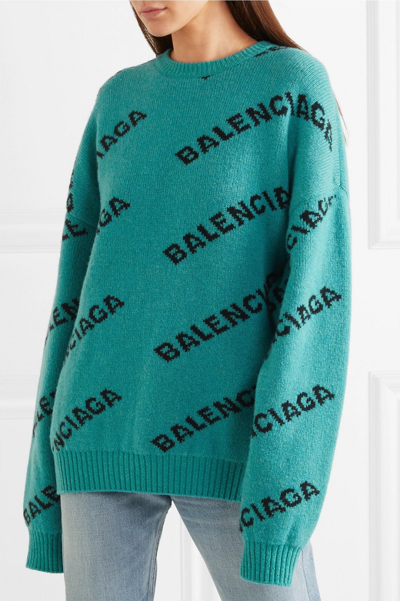 balenciaga/巴黎世家 嵌花羊毛混纺蓝色大廓形毛衣 1075080