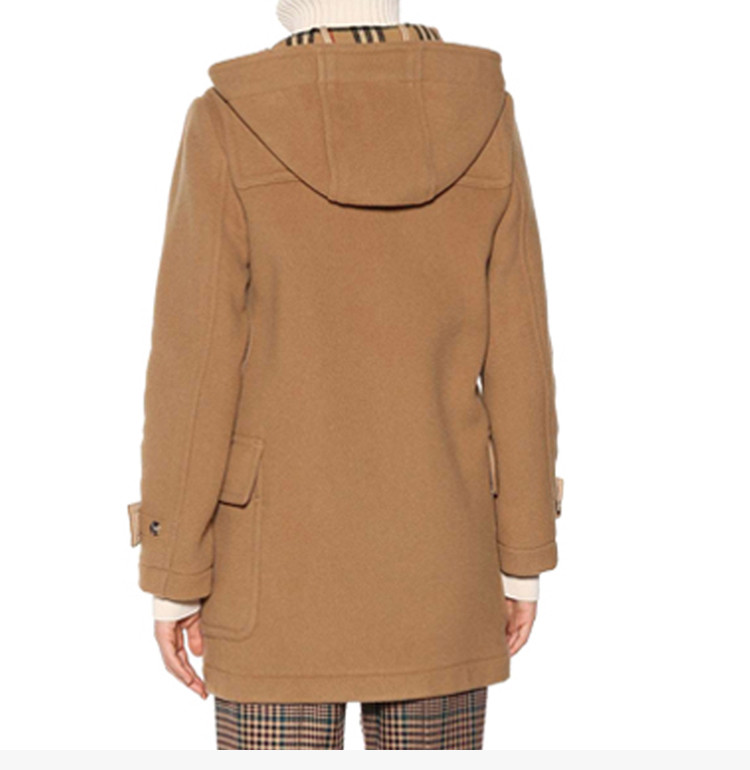 burberry/博柏利 女士羊毛混纺牛角扣连帽毛呢大衣