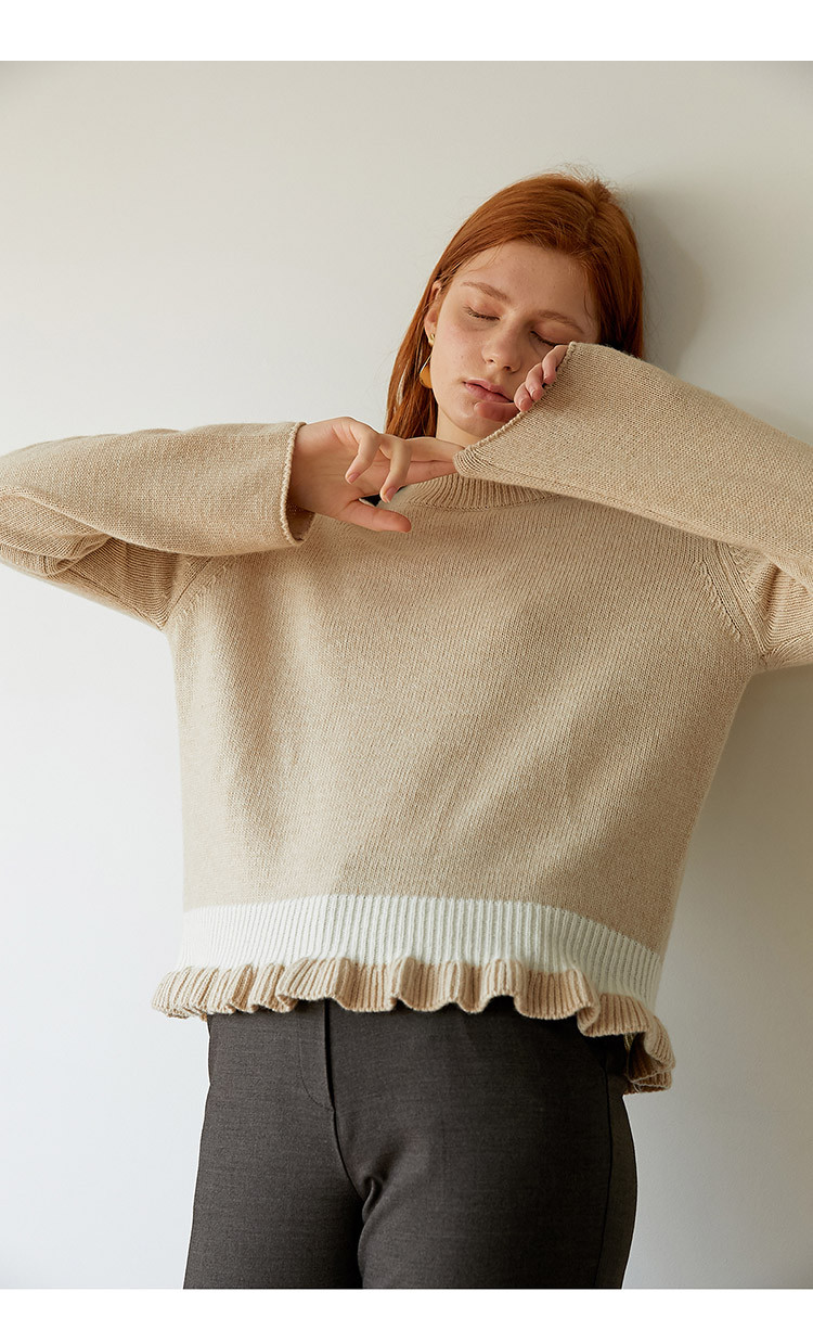 女士针织衫/毛衣】yuppe/yuppe frill turtleneck系列米色褶皱针织衫