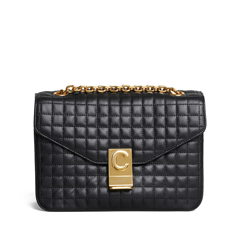 【包邮包税】celine/赛琳19春夏新款女士黑色格纹牛皮斜跨单肩邮差包