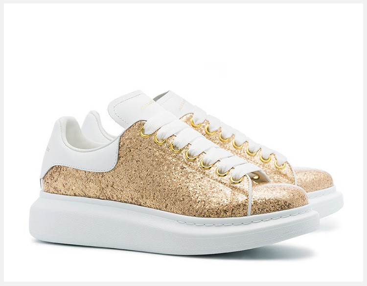 alexander mcqueen/亚历山大麦昆 女士金色白尾皮革厚底亮片休闲鞋
