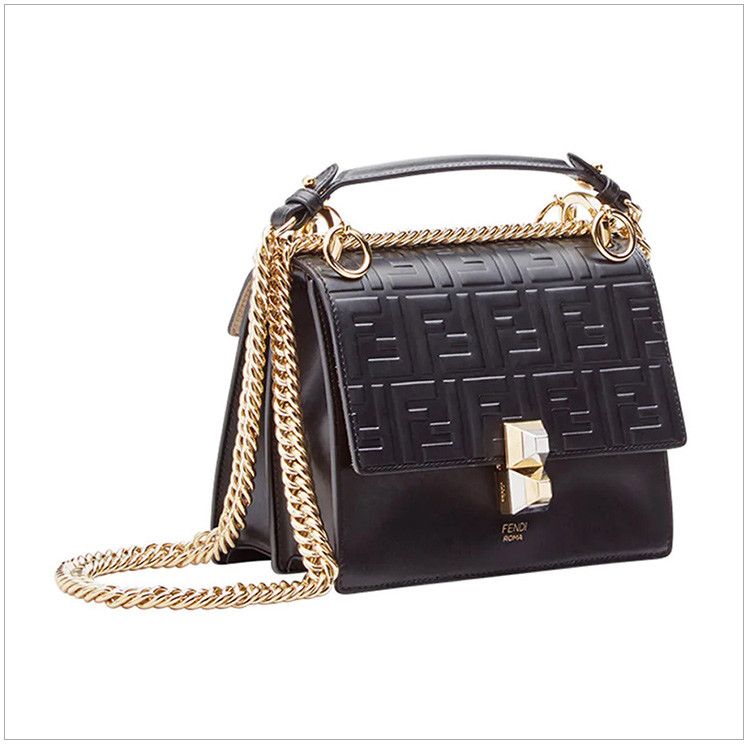 fendi/芬迪 kan i系列 女士小牛皮双f暗纹翻盖铆钉摁扣小号手提包单肩