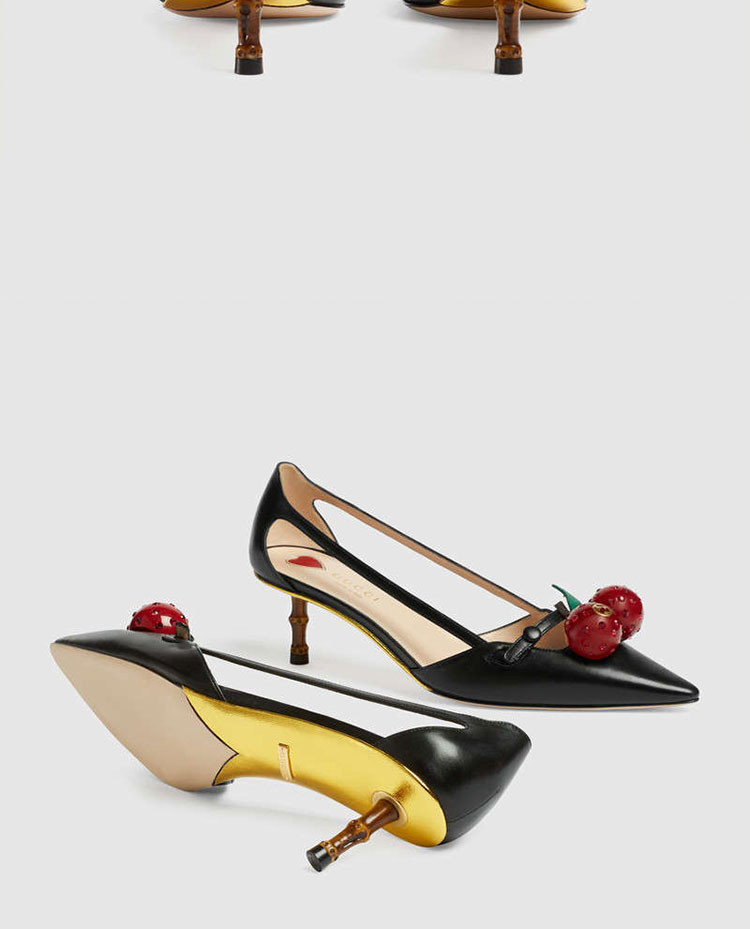 gucci/古驰 黑色真皮樱桃竹跟低/中跟凉鞋 452766 c9dn0 1170