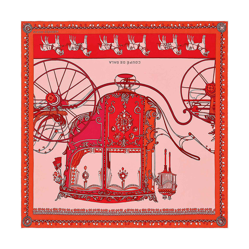 hermes/爱马仕 "华丽的马车"女士90厘米水洗方巾 浅粉色/红色/波尔多