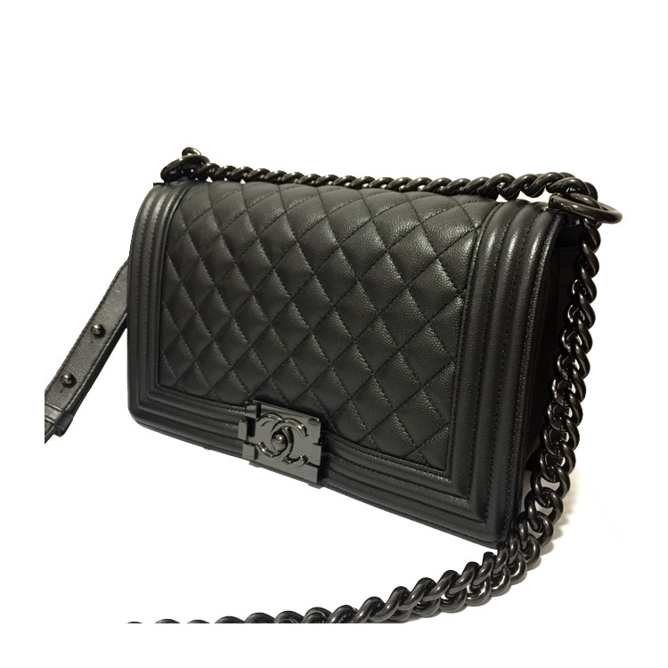 chanel/香奈儿 leboy系列 女士黑色黑扣牛皮链条 单肩包/斜挎包