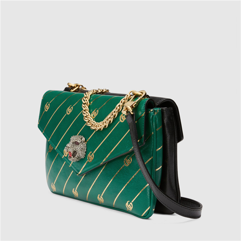 税】gucci/古驰【18早秋】新款女士中号黑绿色双面皮革双g豹头单肩包