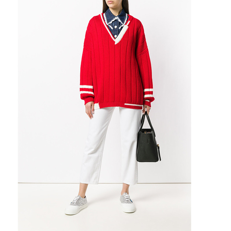 miumiu/缪缪 18秋冬 女士深v领红色毛衣 mml106/1rncf0011