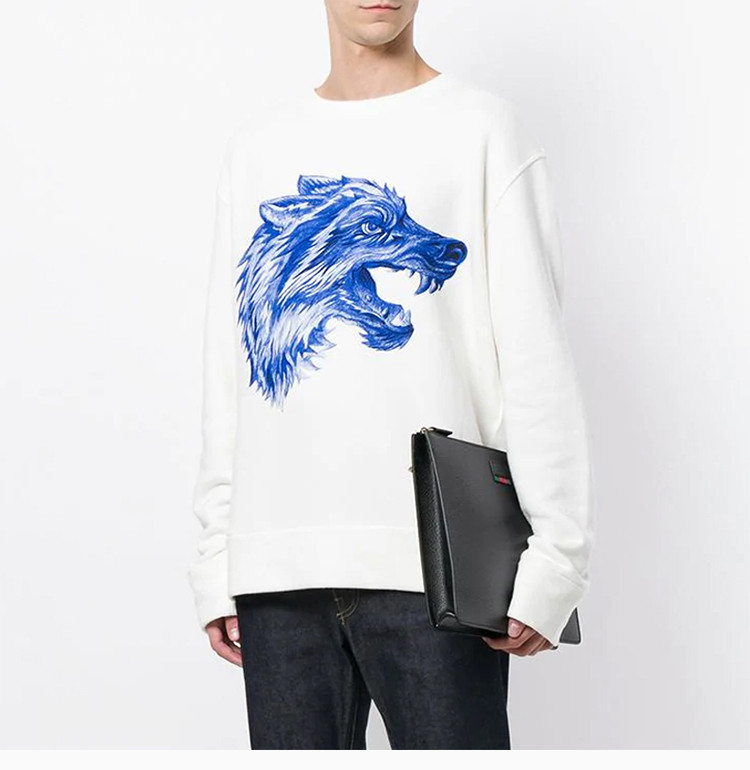 gucci古驰男装服饰白色棉质蓝色狼头图案长袖运动衫男卫衣