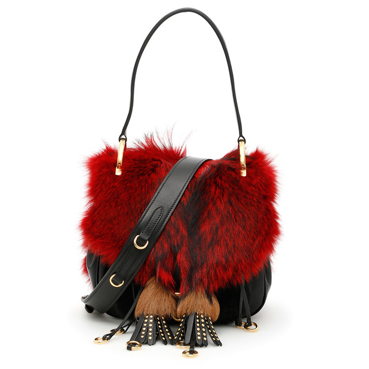 prada/普拉达 corsaire bag女士黑色牛皮/红色狐狸毛翻盖流苏单肩包 1
