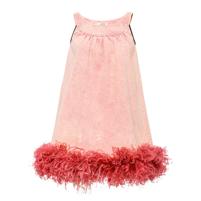 19年春夏】miumiu/缪缪 服装 女士娃娃款裙边羽毛装饰粉色无袖连衣裙