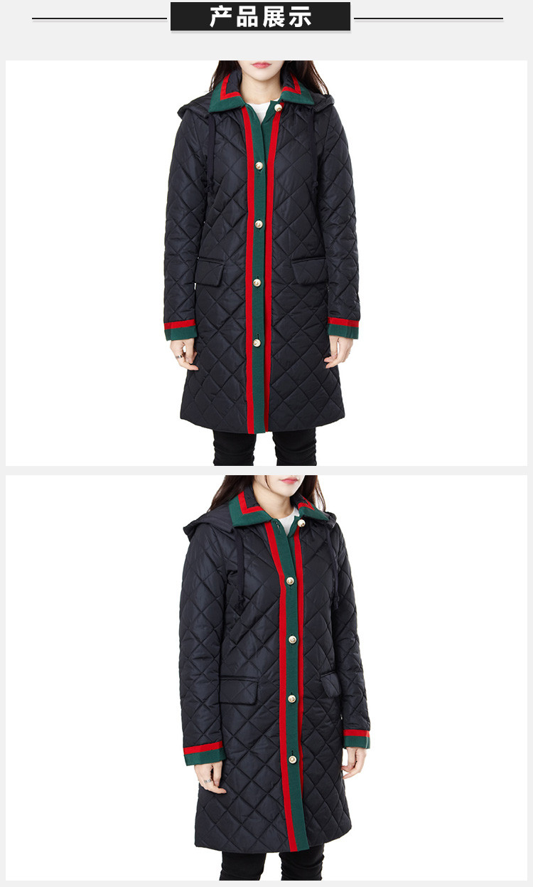 gucci 古馳 【17年秋冬】女士深藍色錦綸面料web絎縫棉服中長款外 