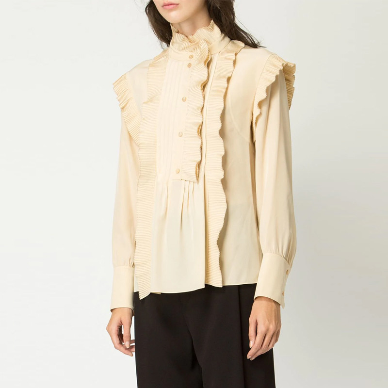 chloe/克洛伊 19春夏服装新款 女士米黄色荷叶边长袖衬衫 chc19sht