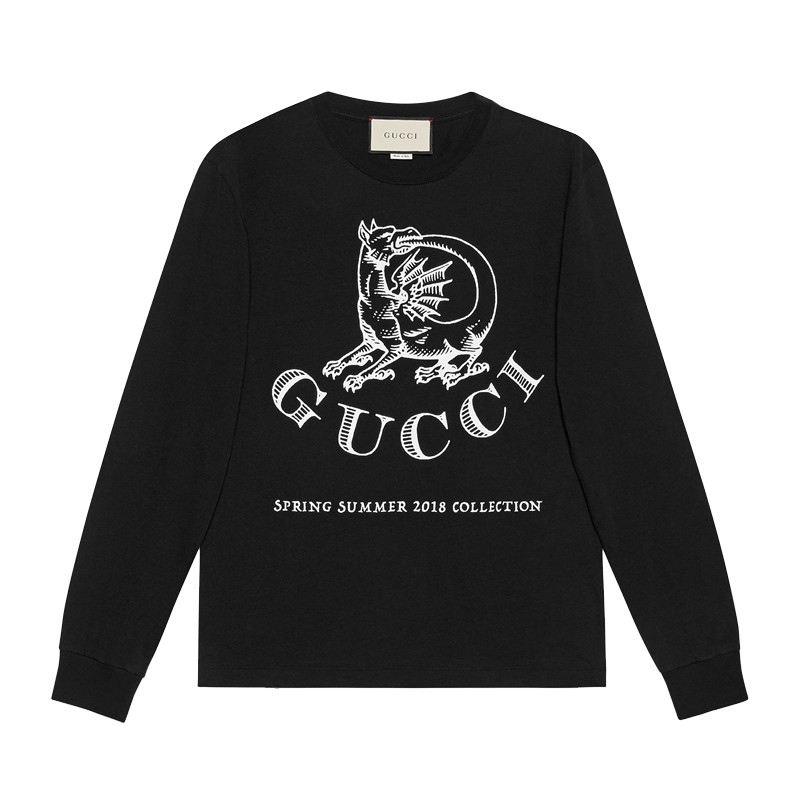 【包税】gucci/古驰【18春夏】新款男士黑色印花龙长袖t恤