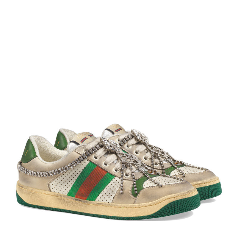 【包邮包税】gucci/古驰 19春夏新款女士拼色皮革饰水晶网眼休闲运动