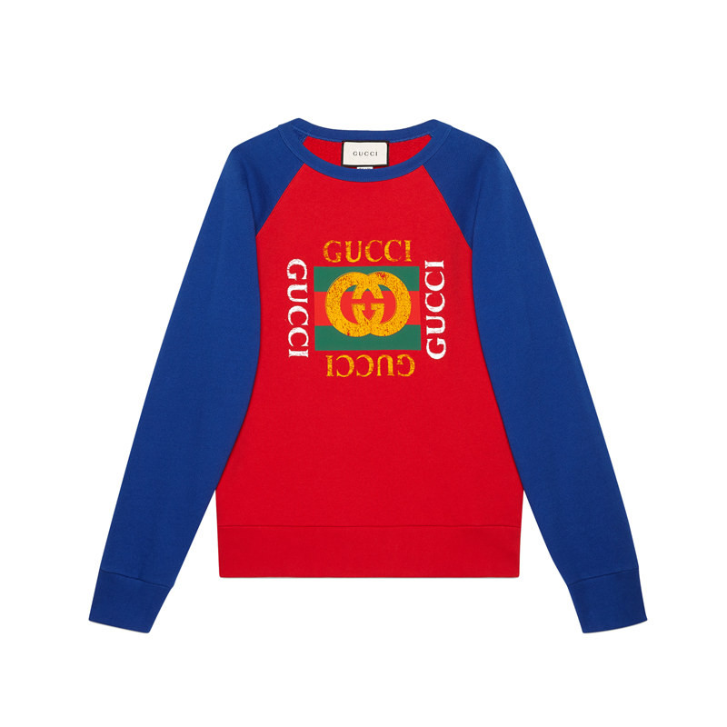 gucci/古驰 18秋冬新款男士红蓝拼色gucci标识针织棉卫衣 497255 x3i