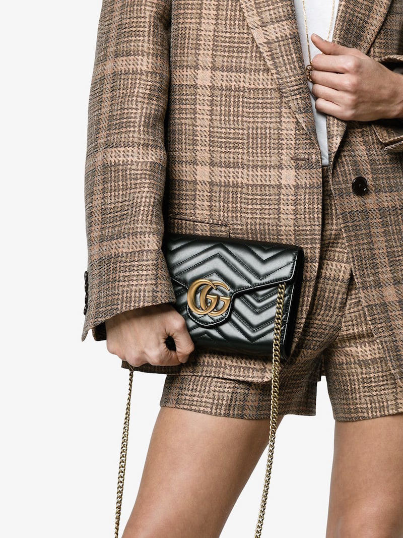 gucci/古驰 gg marmont 皮革珩缝 斜挎 链条 信封 单肩包 474575 drw