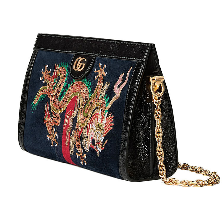 gucci/古驰18春夏新款ophidia深蓝麂皮刺绣龙单肩包 503877 d6zxg
