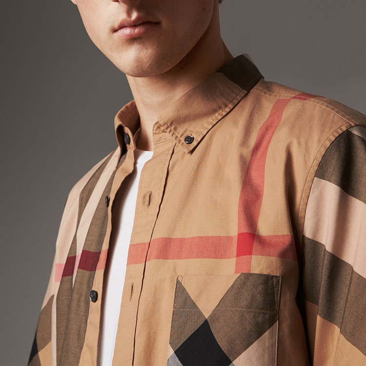 burberry(博柏利) 卡其色格纹男士经典格纹混纺弹力棉短袖衬衫 xxl