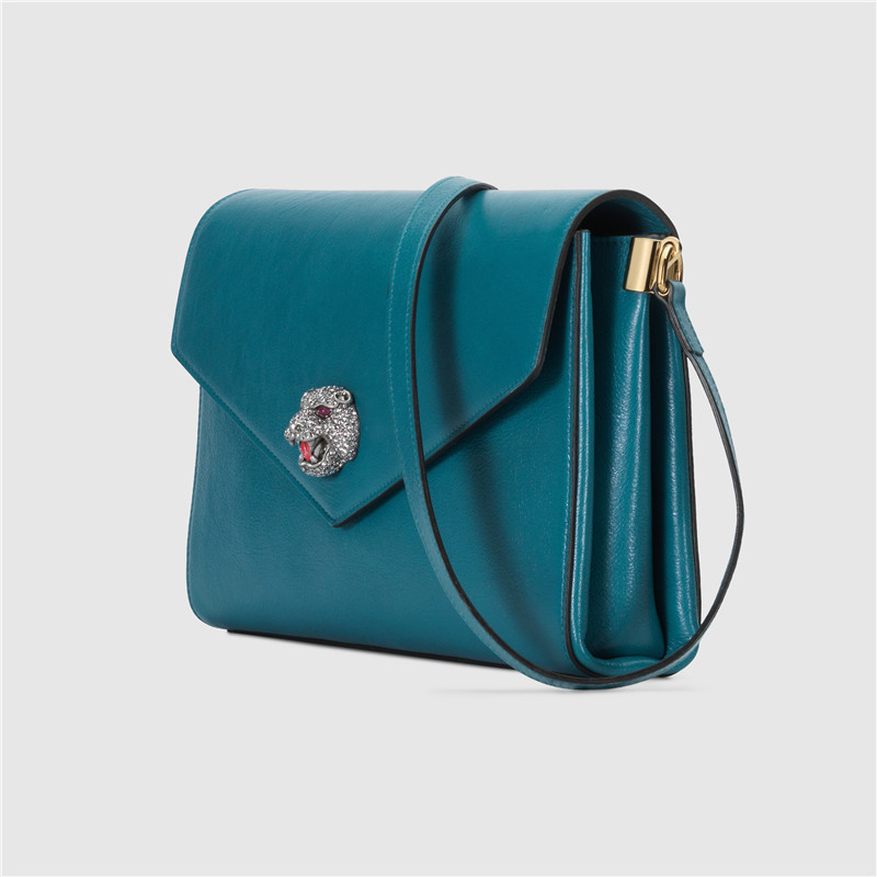 【包税】gucci/古驰【18春夏】新款女士中号蓝色皮革豹头单肩邮颤包