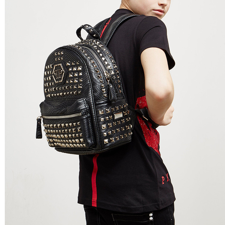 philipp plein/菲利普·普兰男女同款钮钉pu个性双肩背包 黑色均码
