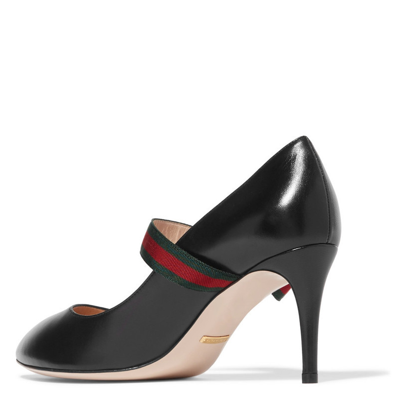 【包邮包税】gucci/古驰 新款sylvie女士黑色皮革条纹织带针扣高跟鞋