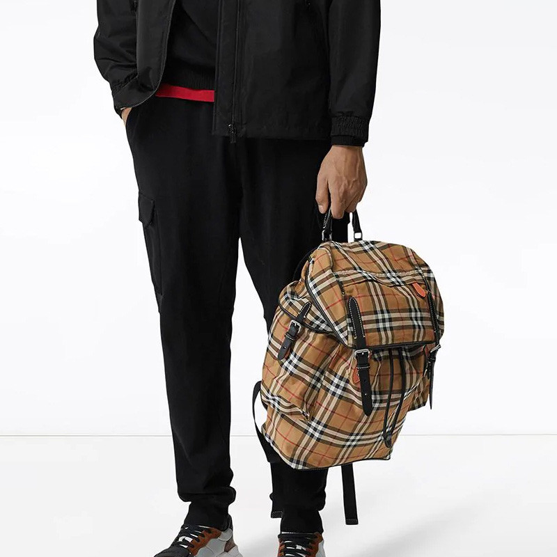 burberry/博柏利男包 london系列 男士黄色格纹尼龙时尚翻盖抽绳双肩