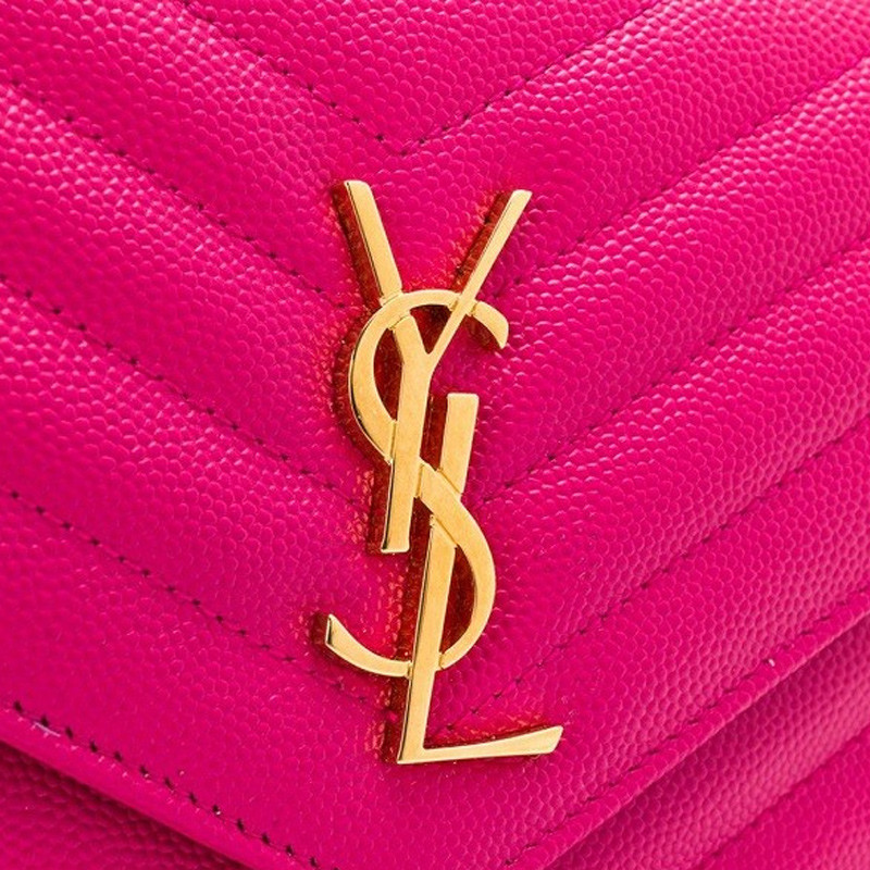 ysl 圣罗兰 女士玫红色牛皮金属logo装饰绗缝链条包单肩斜挎包 393953