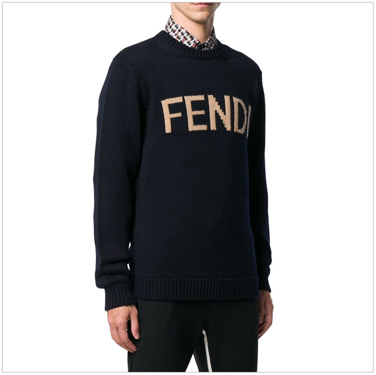 fendi/芬迪 18秋冬服裝 男士拼色羊毛logo刺繡時尚圓領毛衣針織衣