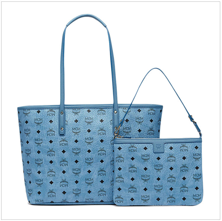 mcm 女士蓝色经典logo双面印花中号单肩包手提包托特包购物手袋带小