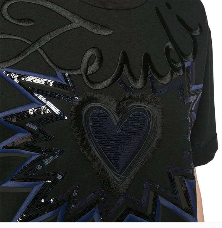 fendi/芬迪 20春夏 女装 服饰 黑色棉质爱心刺绣图案圆领半袖女士短袖