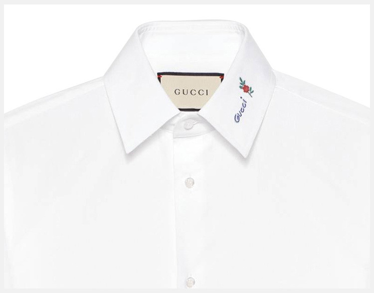 gucci/古驰 男士白色纯棉饰gucci花朵刺绣时尚休闲长袖衬衫