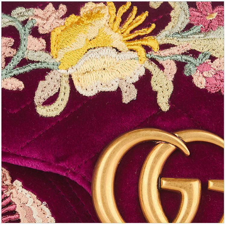 gucci/古驰 ggmarmont系列女士紫色天鹅丝绒花卉刺绣小号单肩斜挎包