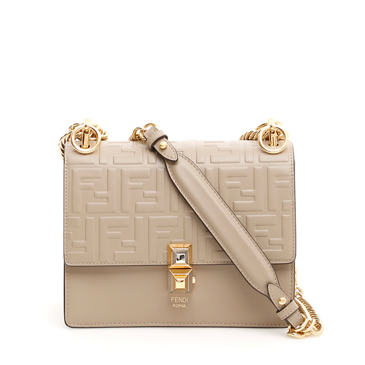 fendi/芬迪 女士裸色牛皮双f浮雕翻盖kani小号单肩包