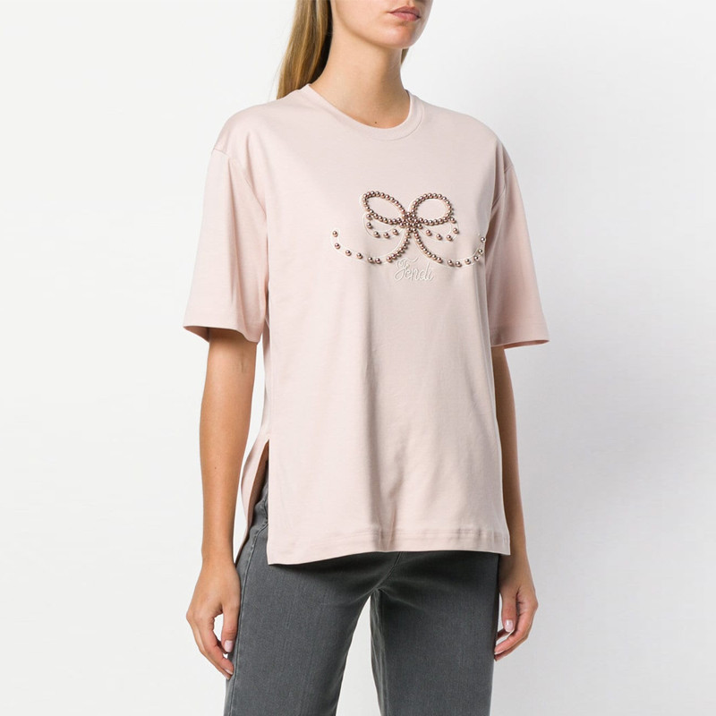 【fendi芬迪 女士短袖t恤】fendi/芬迪 女款粉色珠钉短袖 fs7011