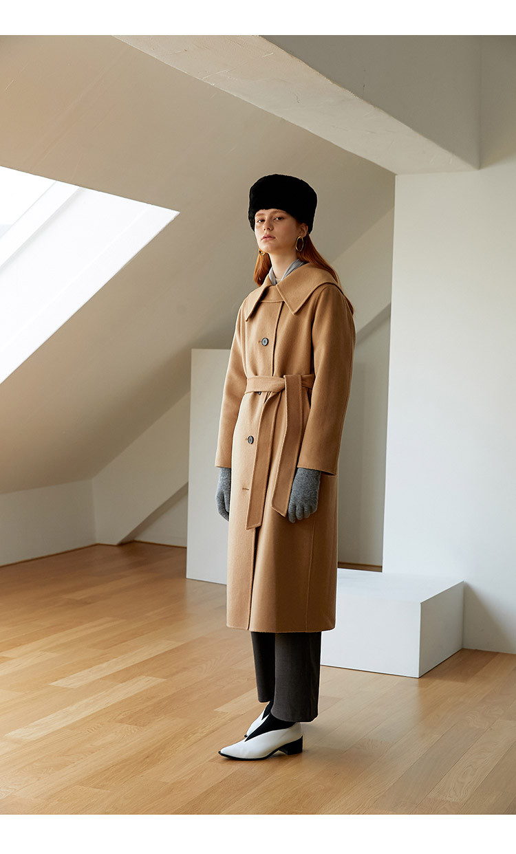 yuppe/yuppe collar handmade系列女士浅咖啡色绑带大衣