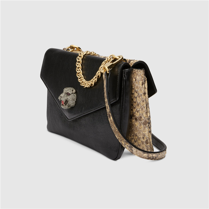 【包税】gucci/古驰【18春夏】新款女士中号黑色双面拼蟒蛇皮双g豹头