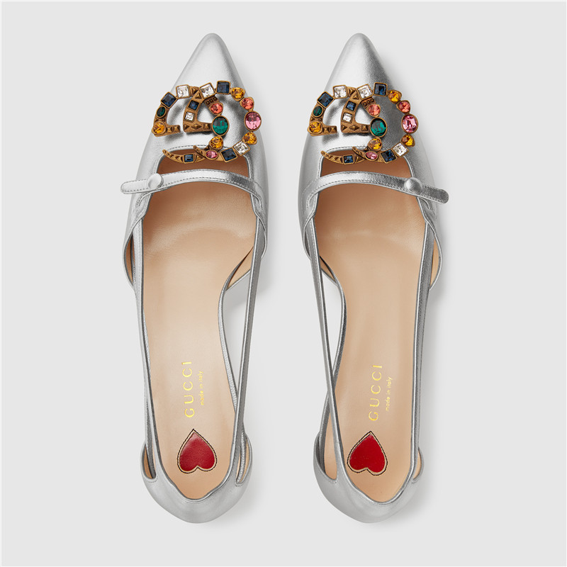 【包税】gucci/古驰【18春夏】新款女士银色皮革水晶双g中跟凉鞋