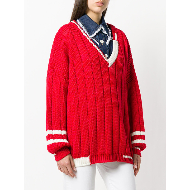 miumiu/缪缪 18秋冬 女士深v领红色毛衣 mml106/1rncf0011