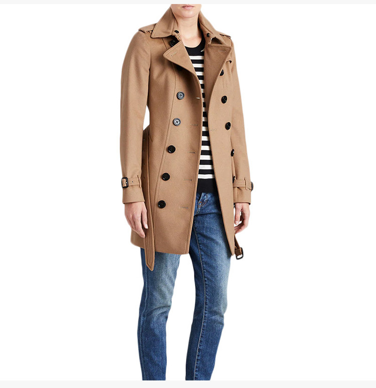 burberry/博柏利 19秋冬 女士驼色羊绒混纺可拆卸狐狸毛领双排扣