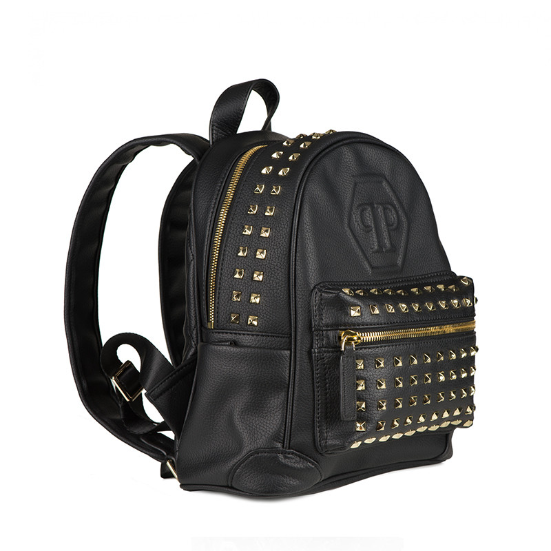 philipp plein/菲利普·普兰 黑色皮革金色铆钉装饰双肩包 s19a gba