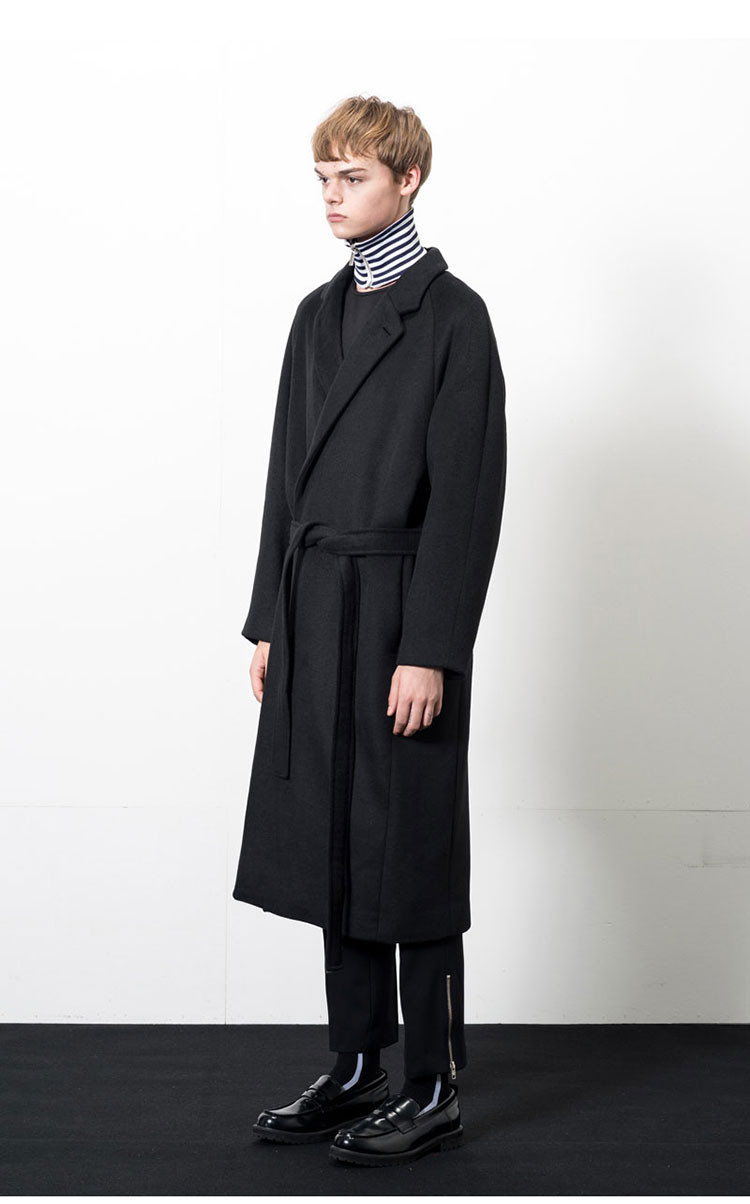 【17秋冬新品】zplish 男士绑带开合毛呢黑色大衣