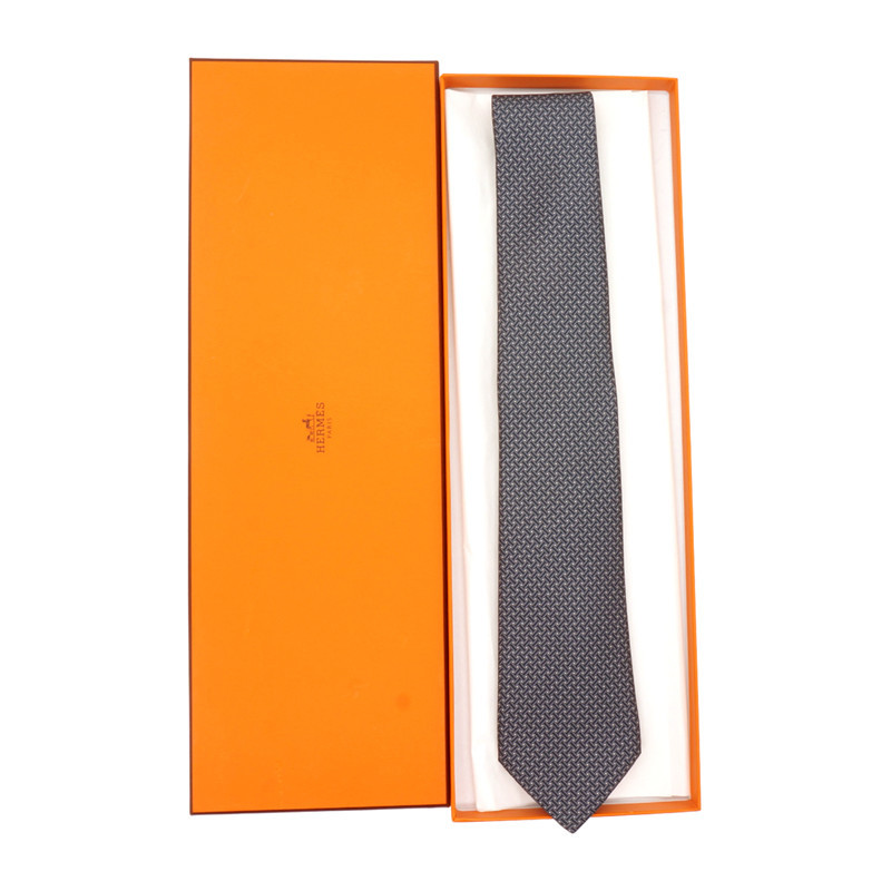 hermes/爱马仕 真丝领带 斜纹hlogo图案 碳素灰